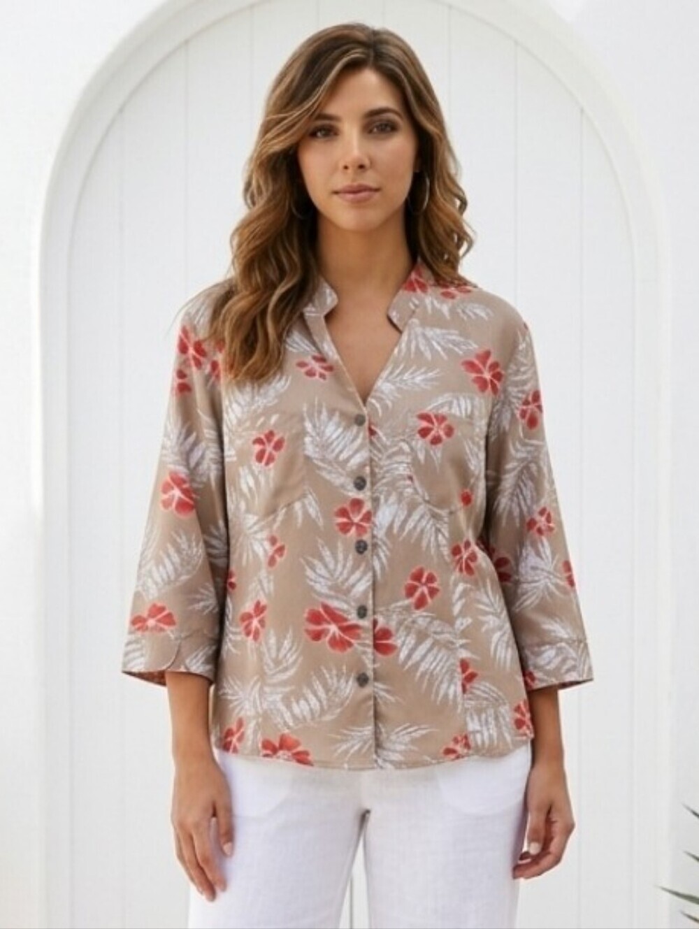 Beige Floral Button-Up Blouse with Coral Accents Size 14